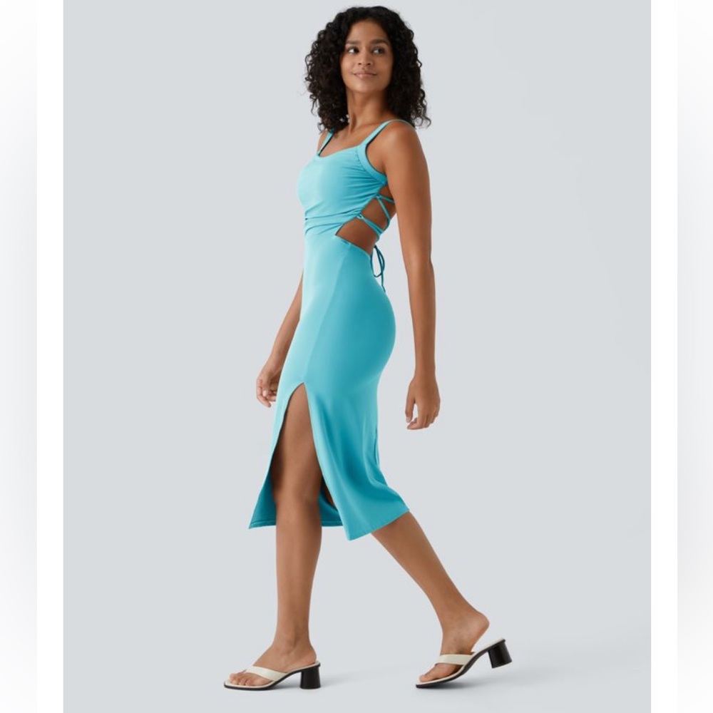 Halara Ruched Backless Lace Up Split Bodycon Midi… - image 2